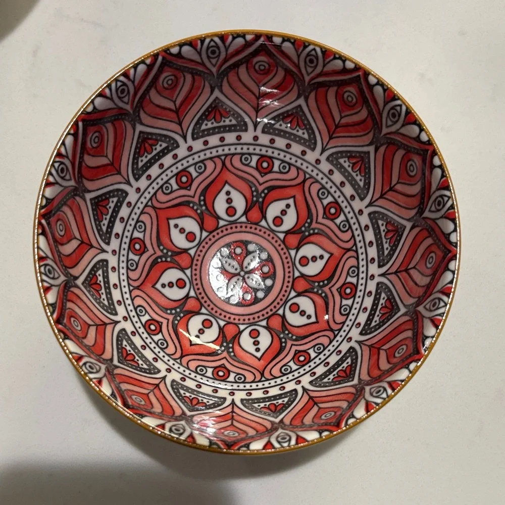 Hand-Painted Mandala Ceramic Bowls - Set with Red, Blue & Orange Designs 3 Bowls - Picture 4 of 6